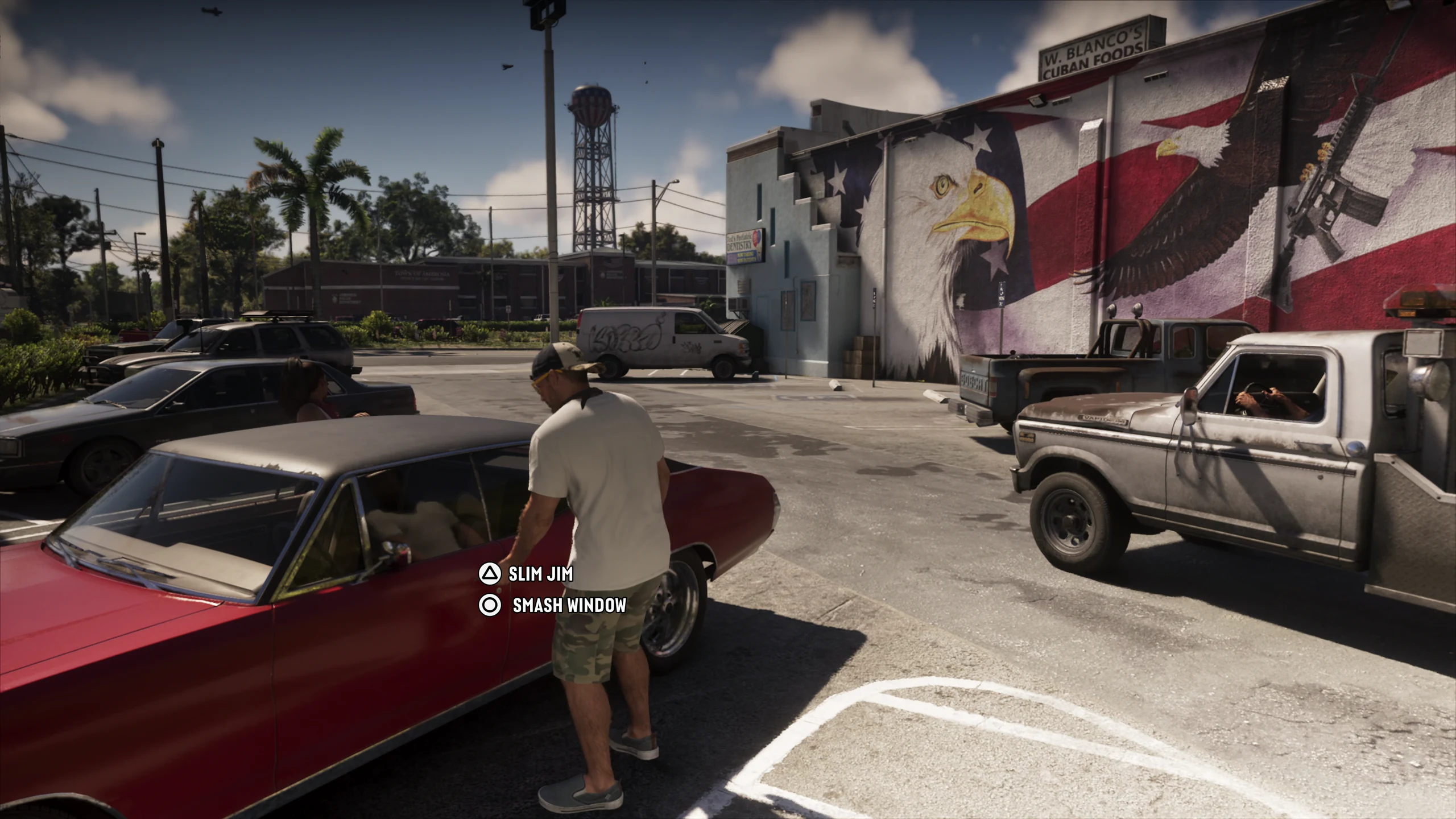Standing at the door of a parked car in a sunlit lot, with the on-screen prompt offering either a slim jim or smashing the window